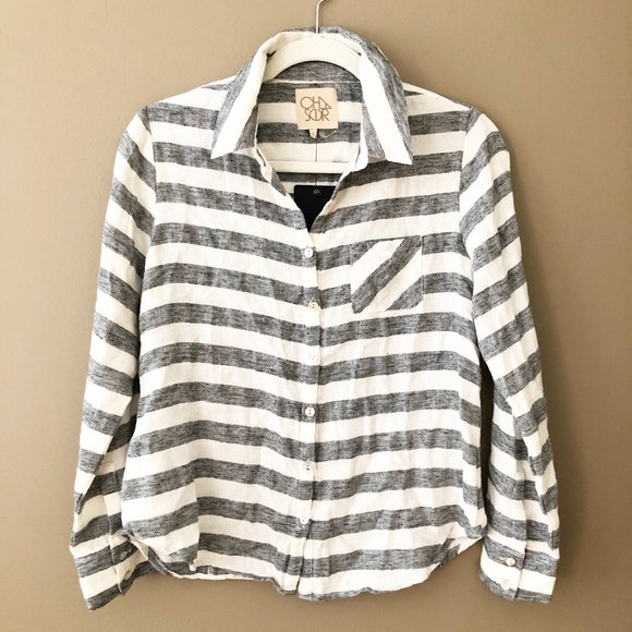Chaser Striped Cotton Button Down Collared Shirt Grey White S NWT - Picture 3 of 11